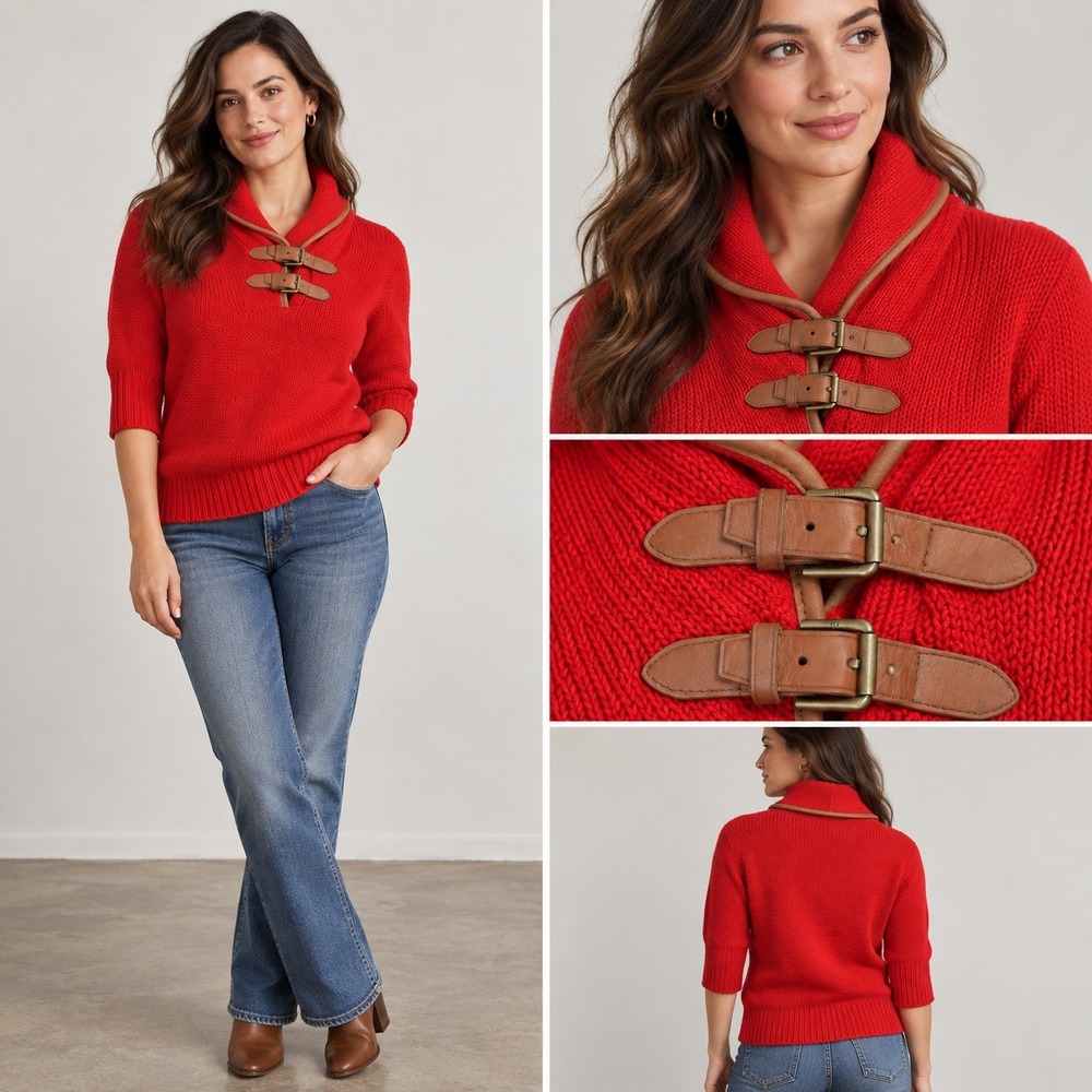 Ralph Lauren Sweater Women Medium Red Cotton Shawl Collar Leather Buckle Knit